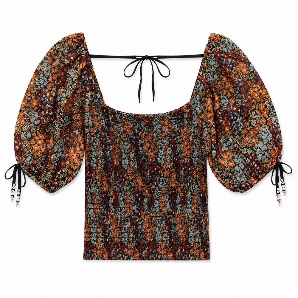 Free People Back On Smocked Floral Crop Top XS Boho Cottagecore Puff Sleeve